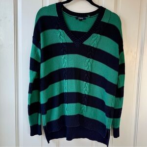 Chaps Green and Navy V-Neck Women's Sweater - Sz M
